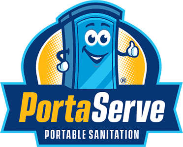 A cartoon-style logo featuring a smiling blue portable restroom character with large eyes and a thumbs-up gesture. The text PortaServe is prominently displayed in orange and white, with PORTABLE SANITATION in smaller text beneath it. The background features a blue and yellow design.